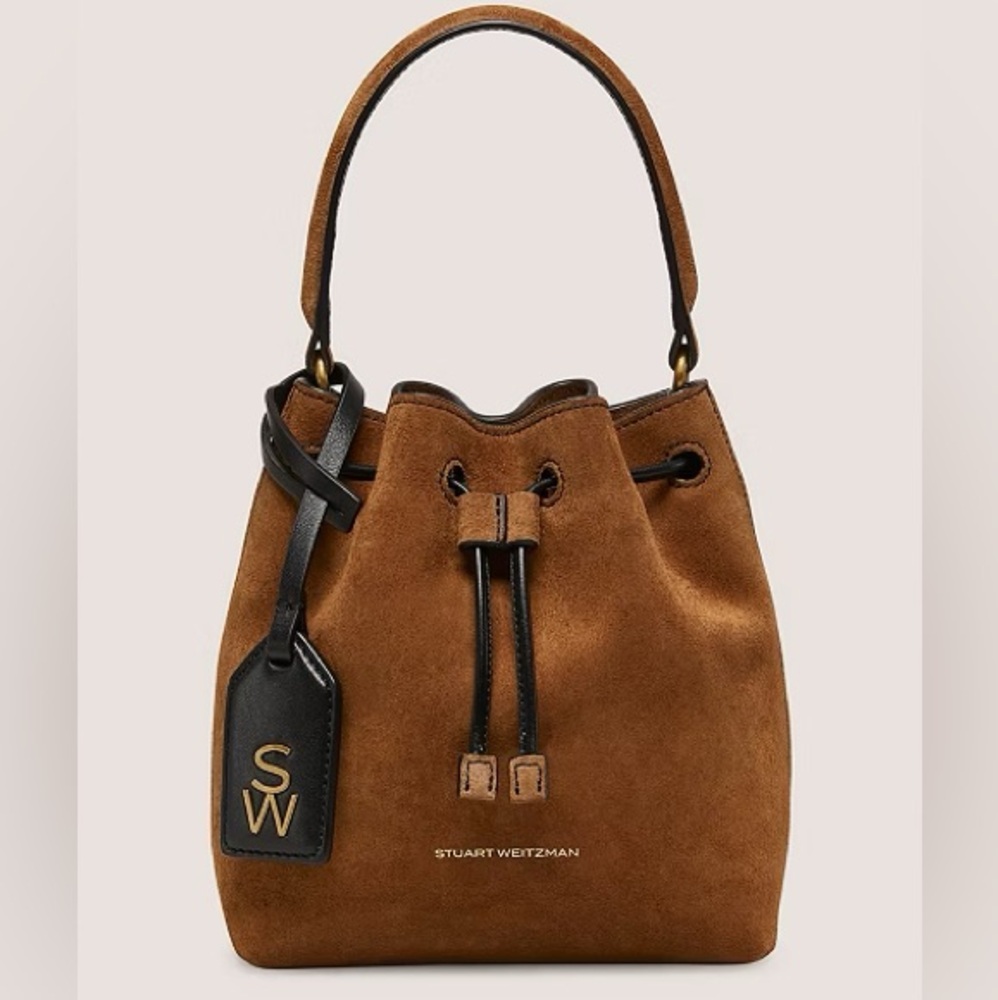 NWT Stuart Weitzman Rae Mini Bucket Bag Brown Suede Crossbody Shoulder Bag